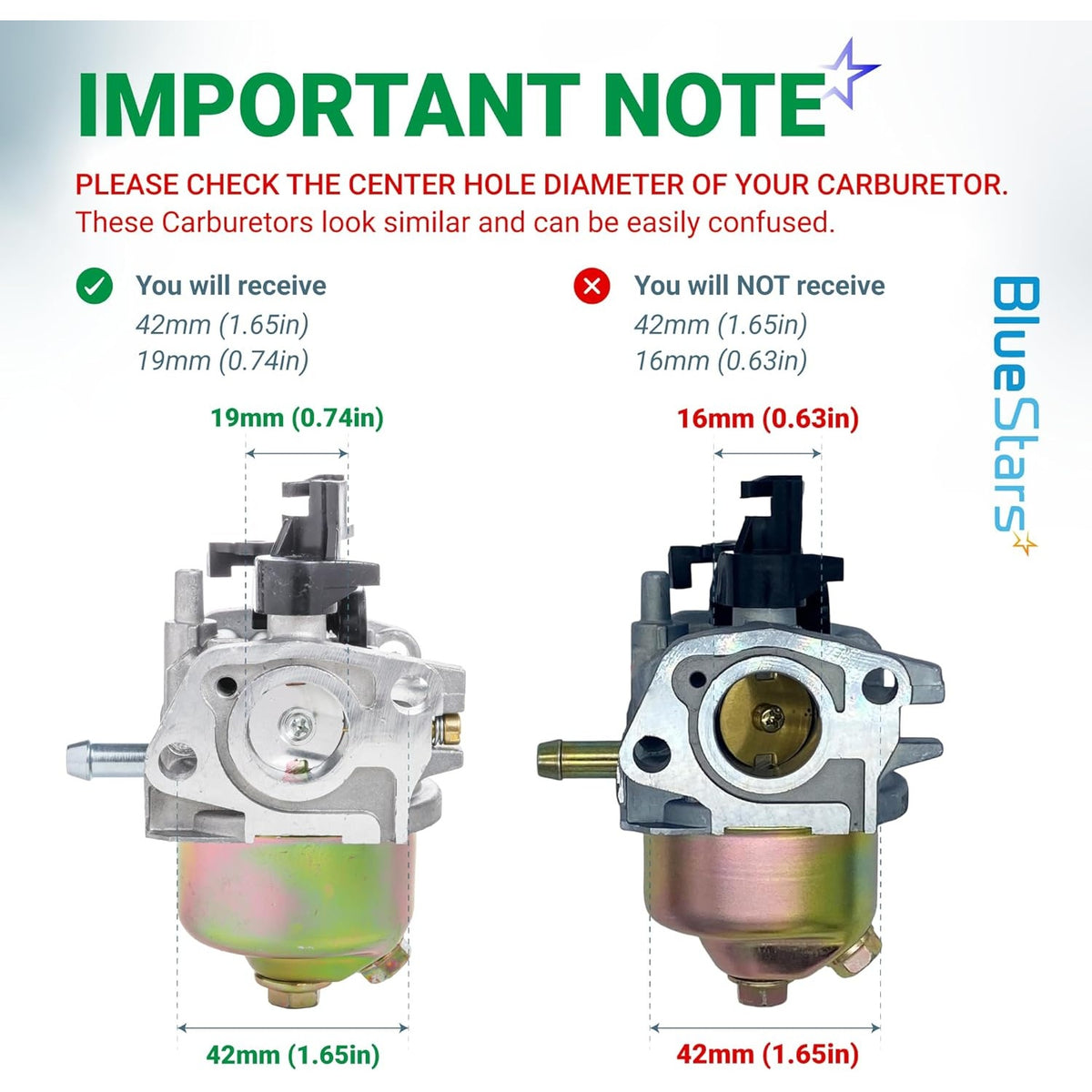 Comparison chart showing 951-10309 carburetor center hole diameter measurements for correct compatibility.