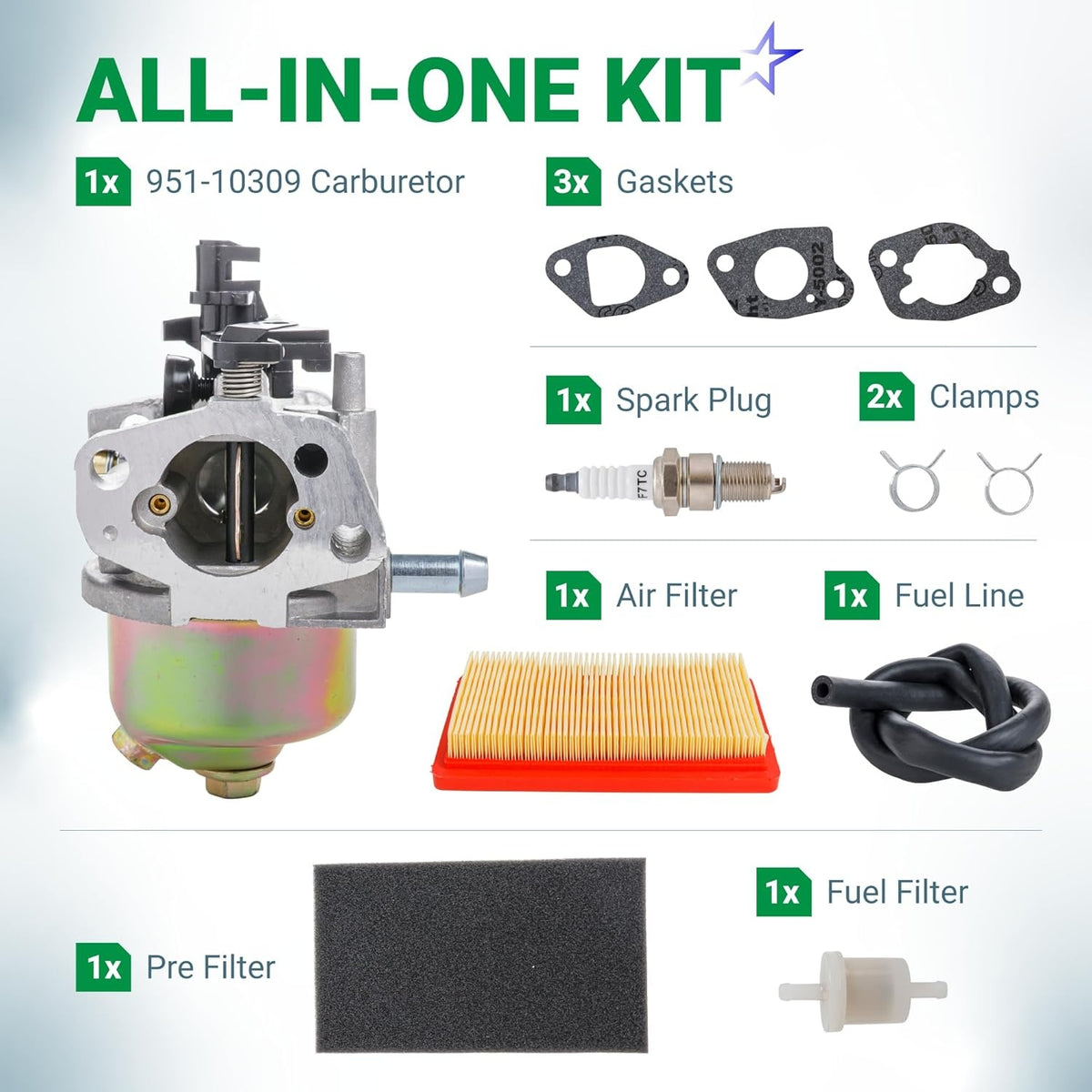 951-10309 carburetor all-in-one maintenance kit including gaskets, spark plug, air filter, fuel line, and fuel filter.