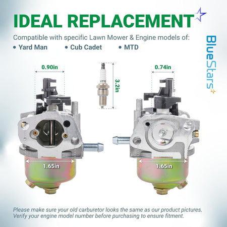 951-10309 carburetor and spark plug replacement kit with dimensional measurements for Yard-Man, Cub Cadet, and MTD mowers.