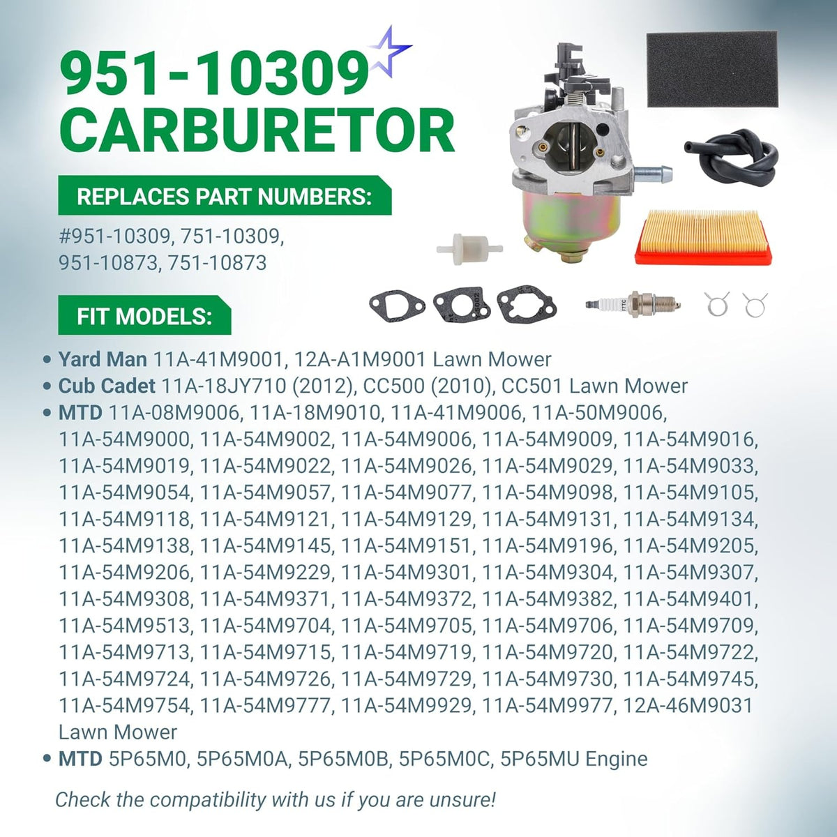 951-10309 carburetor replacement kit with air filter, fuel line, spark plug, and gaskets for MTD lawn mowers.