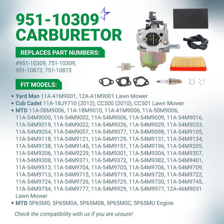 951-10309 carburetor replacement kit with air filter, fuel line, spark plug, and gaskets for MTD lawn mowers.
