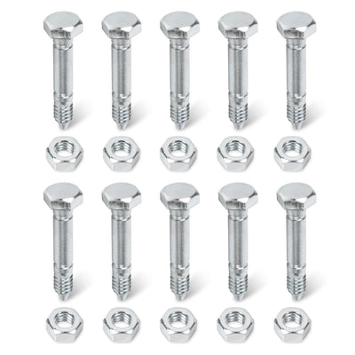 Set of 10 metal shear pins and matching hex nuts for 53200500 replacement hardware.