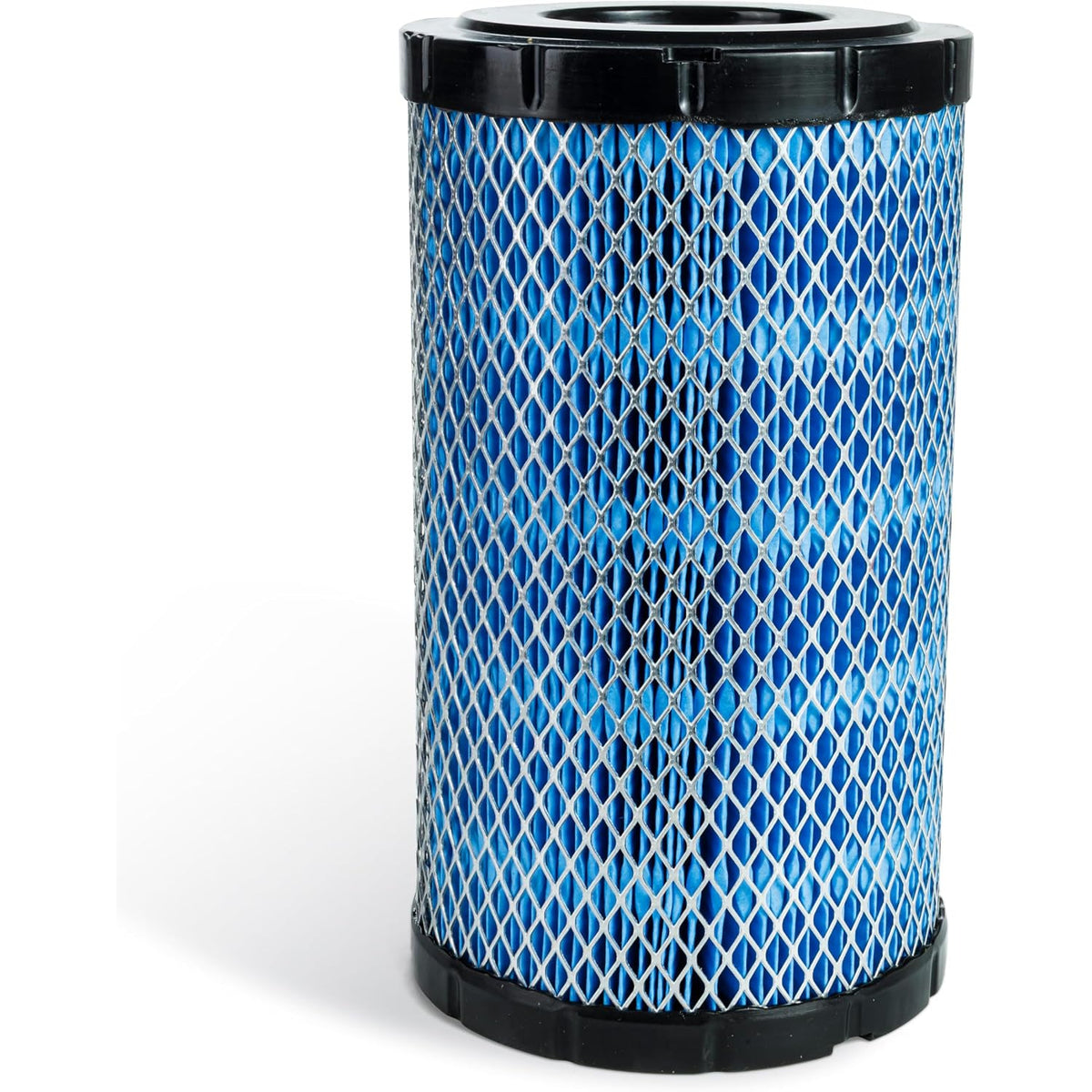 7082265 air filter, front view showing cylindrical blue pleated filter with black end caps