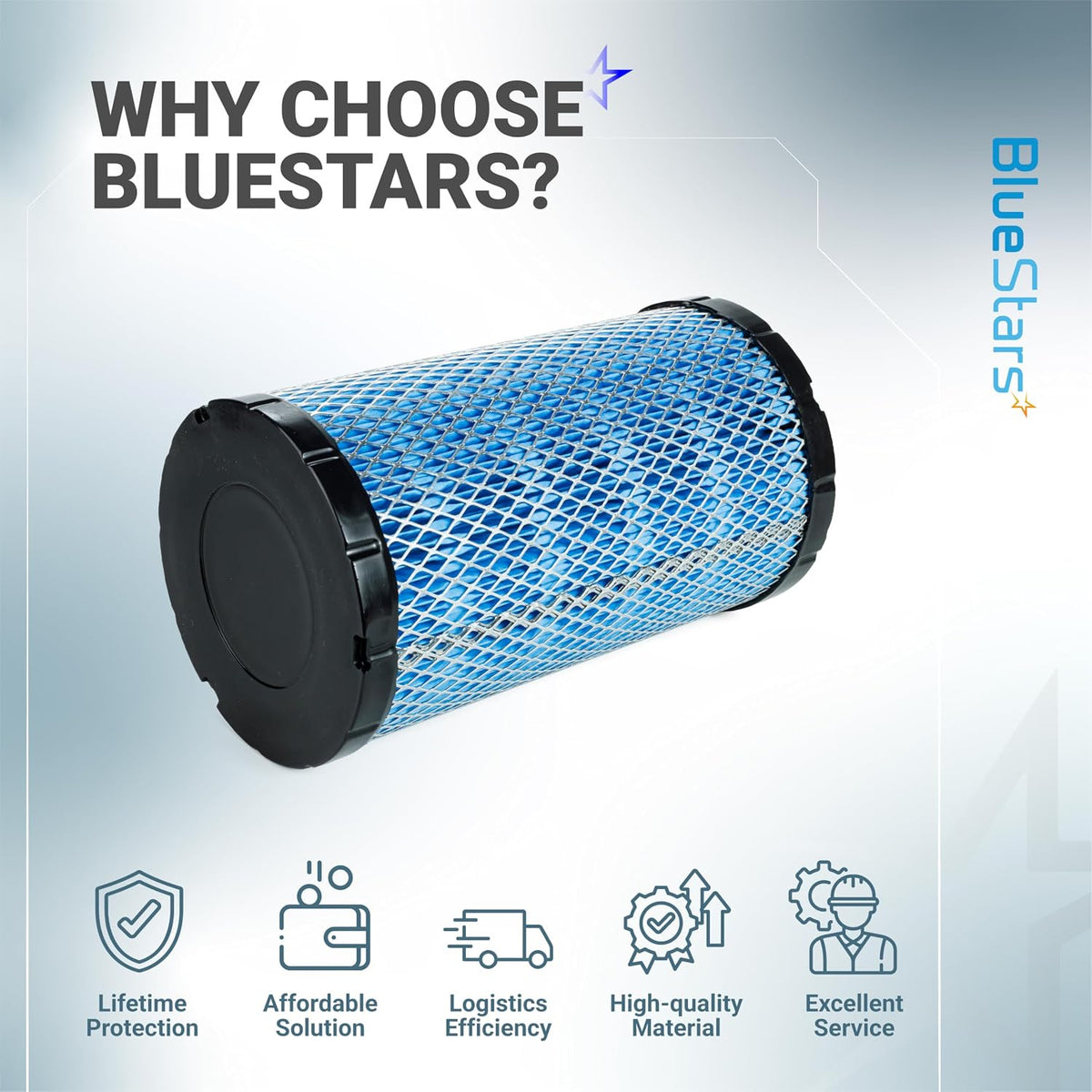 7082265 Air Filter, angled product view with blue filter media and black end caps, shown with BlueStars service benefits