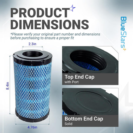 7082265 Air Filter dimensions diagram showing 8.4in height, 4.76in width, 2.3in port, and top and bottom end caps
