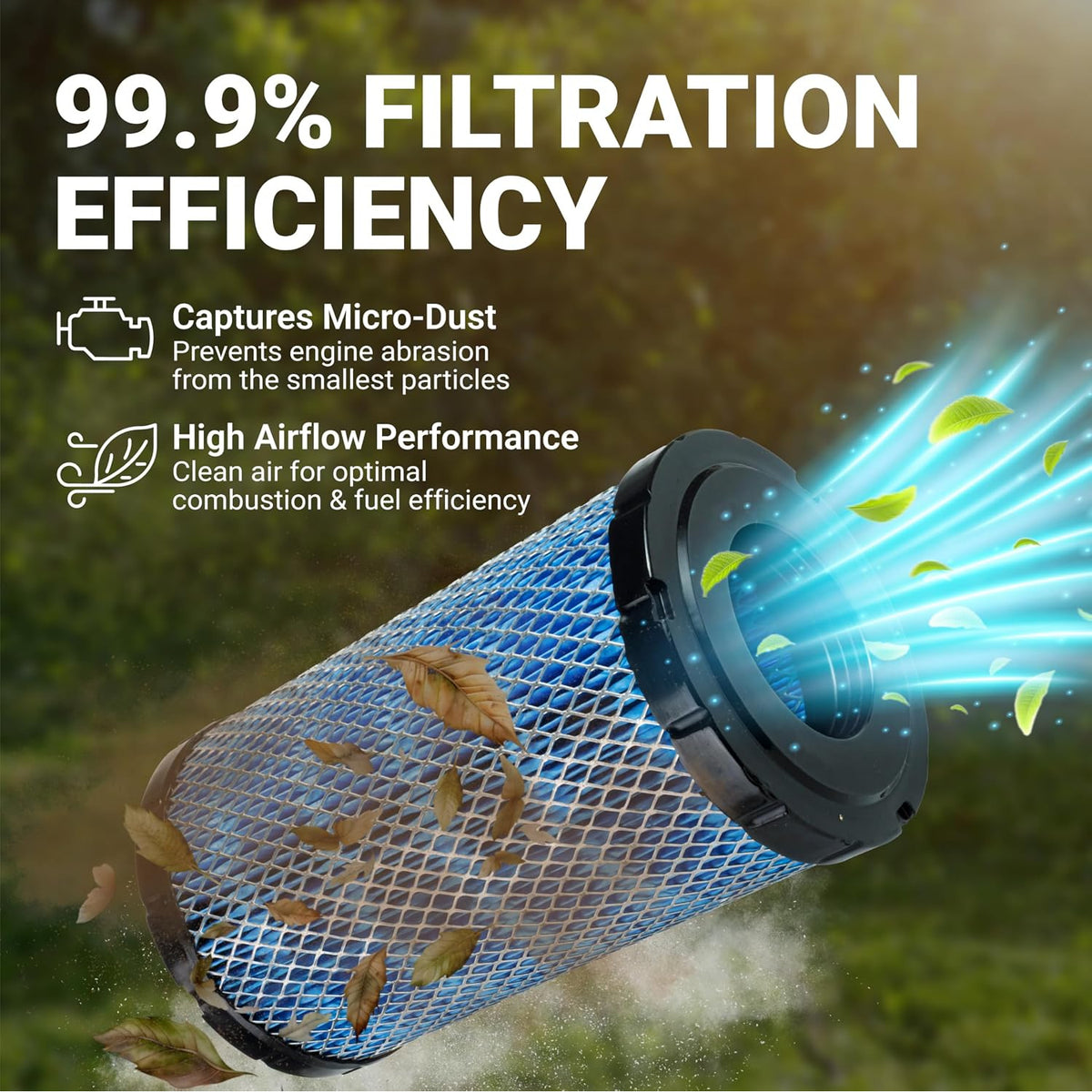 7082265 Air Filter graphic showing a cylindrical filter with dust capture and high airflow claims