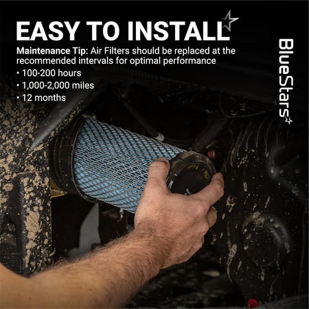 7082265 Air Filter shown being installed in an off-road vehicle air intake, with easy-install maintenance guidance