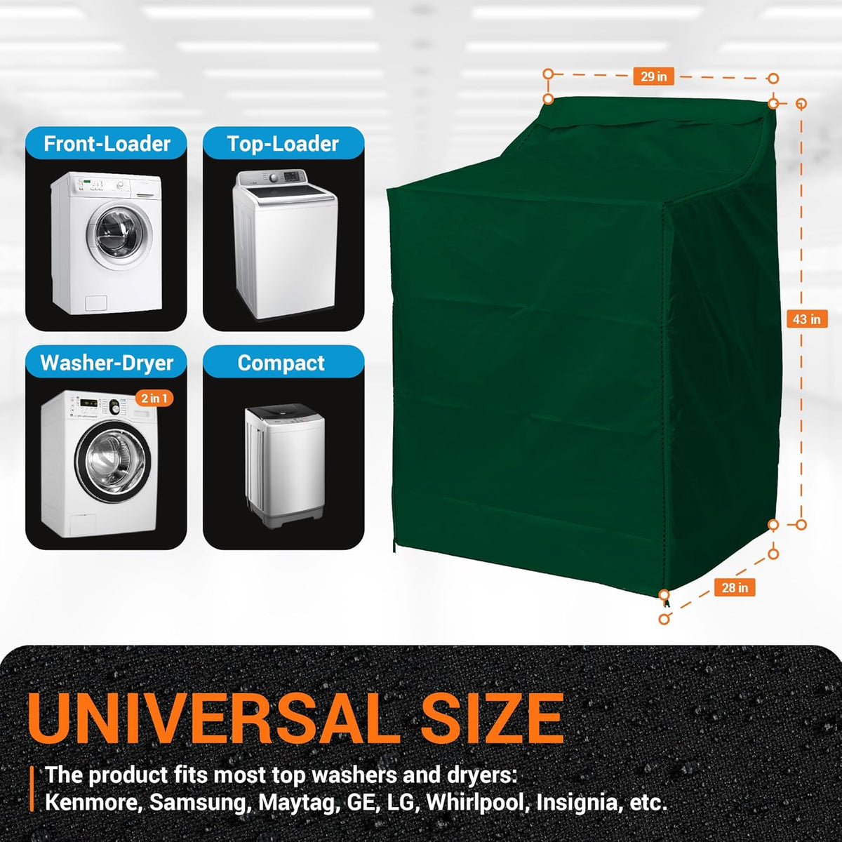 Green outdoor washing machine cover showing dimensions and compatibility with various washer and dryer types.