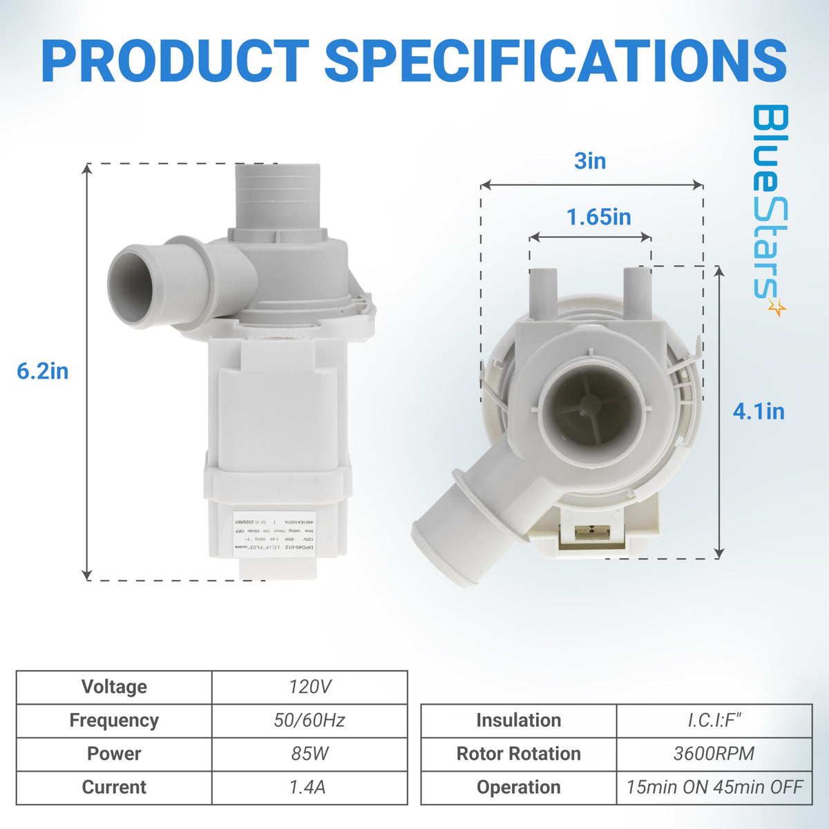 Dimensional diagram of 4681EA1007A washer drain pump showing height, width, and technical specifications.