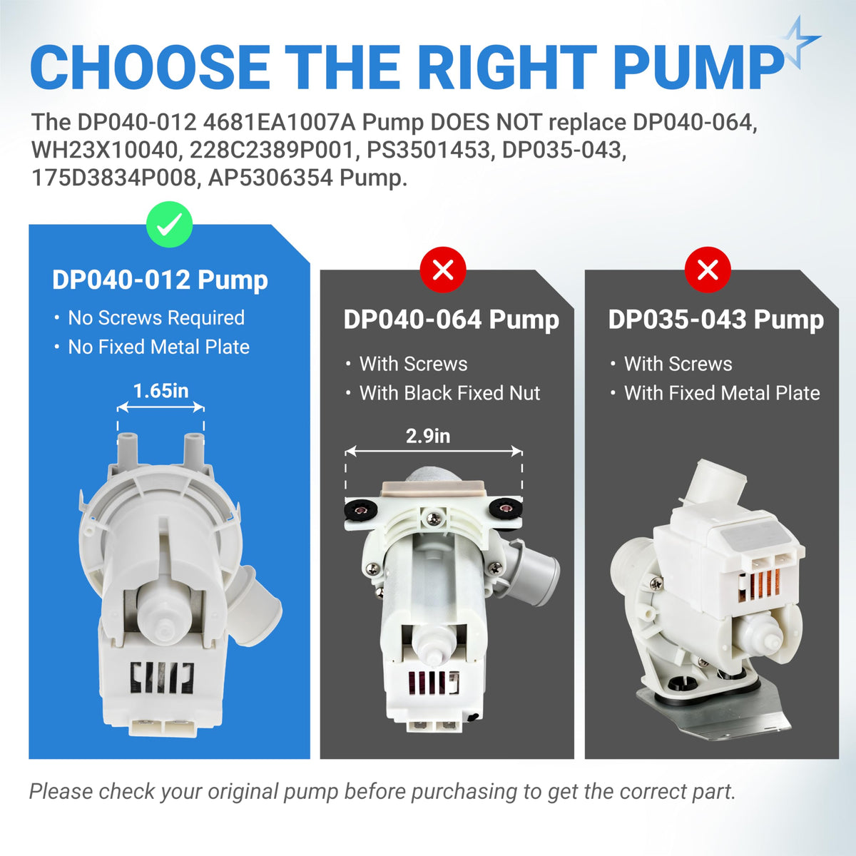 Comparison chart showing DP040-012 washer drain pump features versus incompatible pump models.