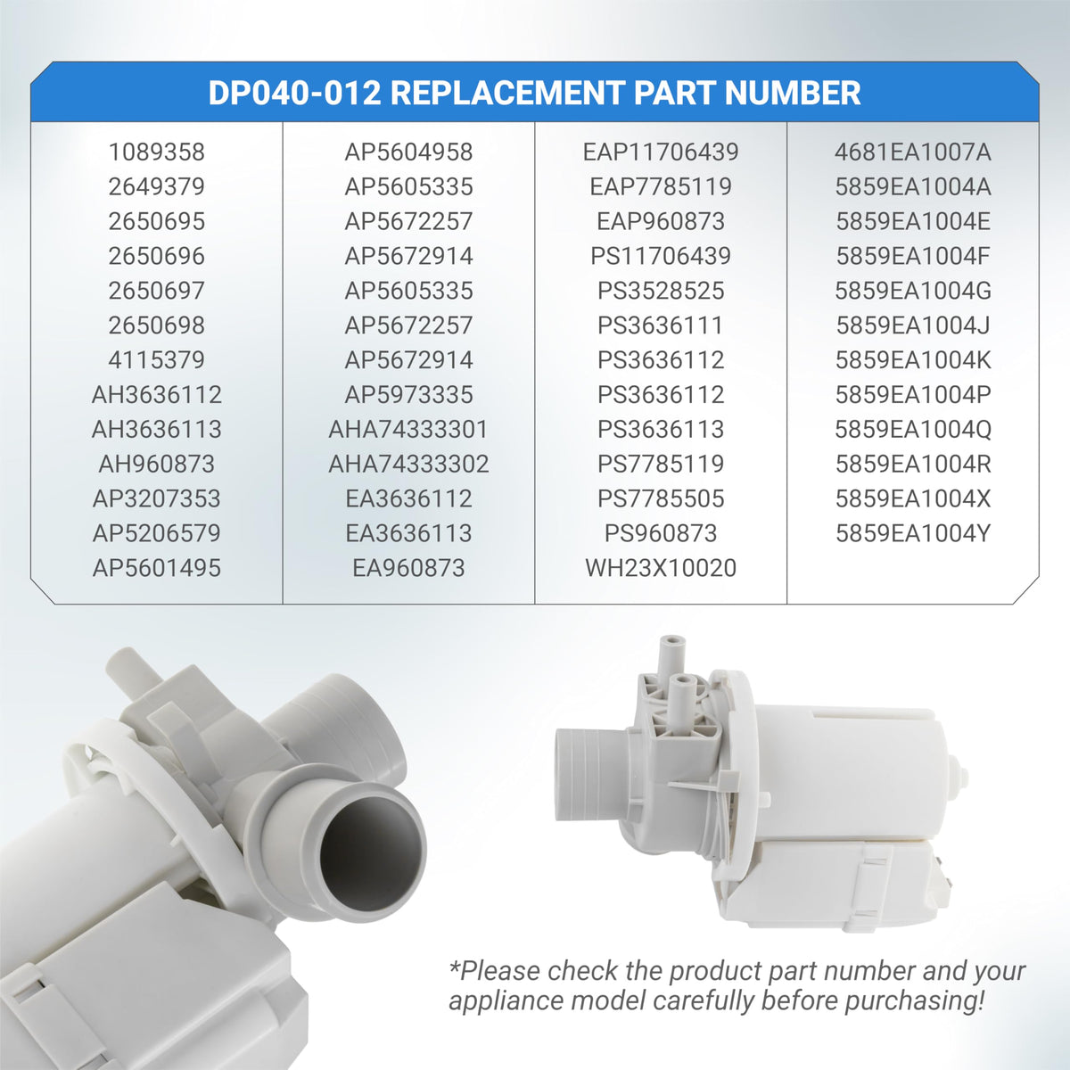 DP040-012 drain pump replacement part compatibility chart and product views for Kenmore, LG, and GE washers.