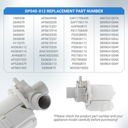 DP040-012 drain pump replacement part compatibility chart and product views for Kenmore, LG, and GE washers.