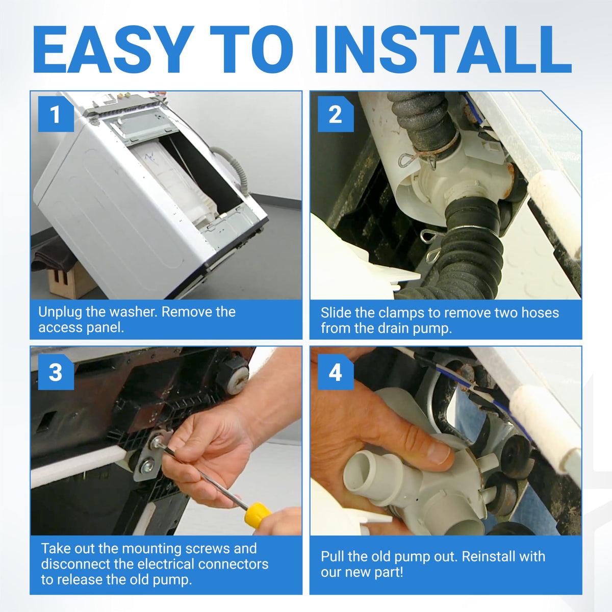 Four-step installation guide for replacing a Kenmore and LG washer drain pump with hoses and mounting screws.