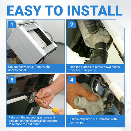 Four-step installation guide for replacing a Kenmore and LG washer drain pump with hoses and mounting screws.