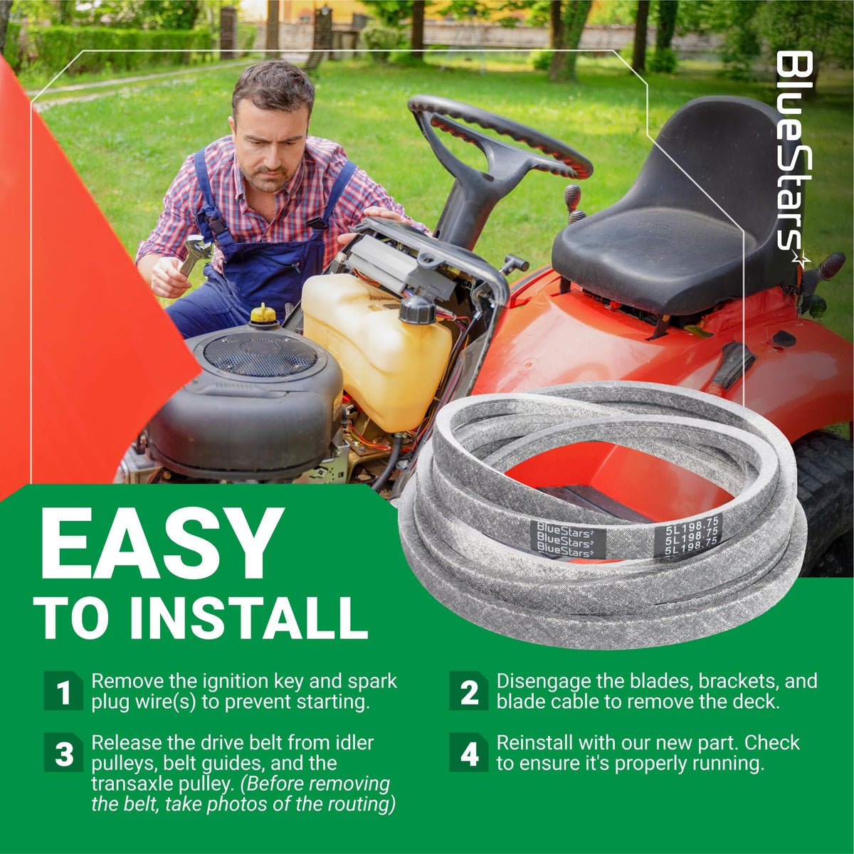 Replacement deck belt for Exmark Lazer Z mower with installation instructions and mechanic working on tractor.