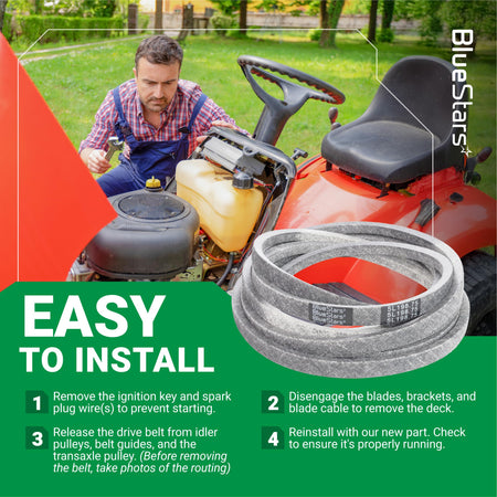 Replacement deck belt for Exmark Lazer Z mower with installation instructions and mechanic working on tractor.