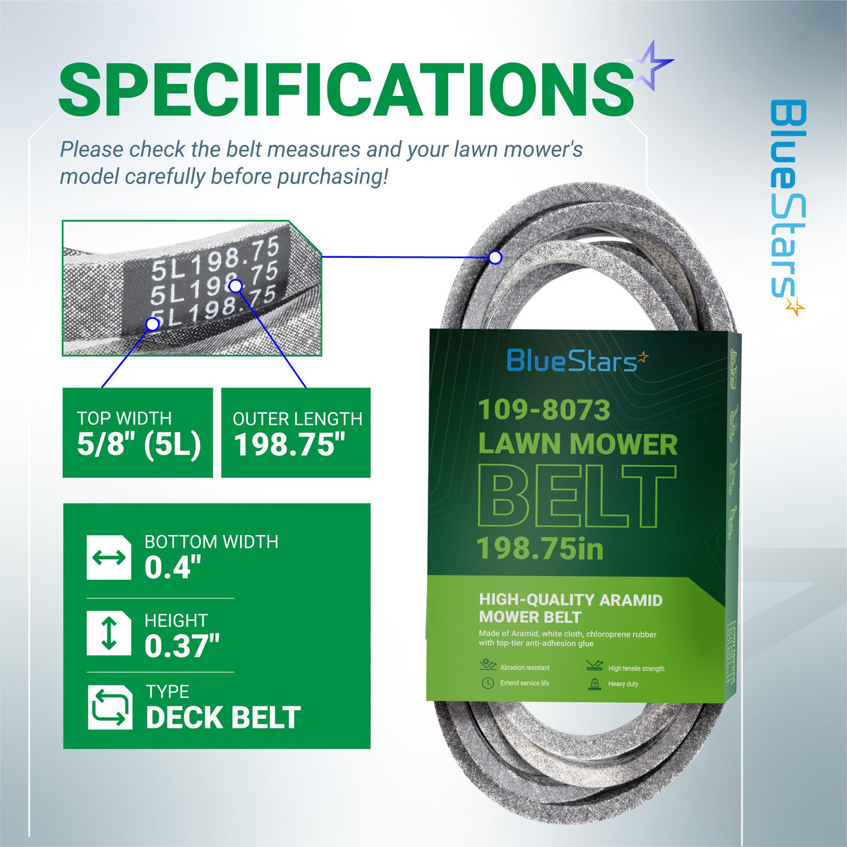 Infographic showing specifications for 109-8073 replacement deck belt for Exmark Lazer Z mowers.