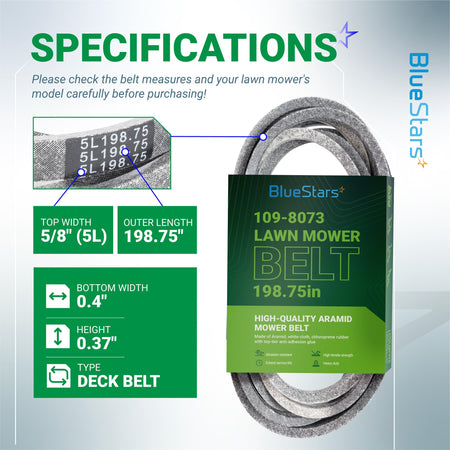 Infographic showing specifications for 109-8073 replacement deck belt for Exmark Lazer Z mowers.