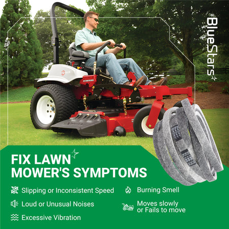 109-8073 replacement deck belt for Exmark Lazer Z zero turn mower shown with troubleshooting symptoms infographic.