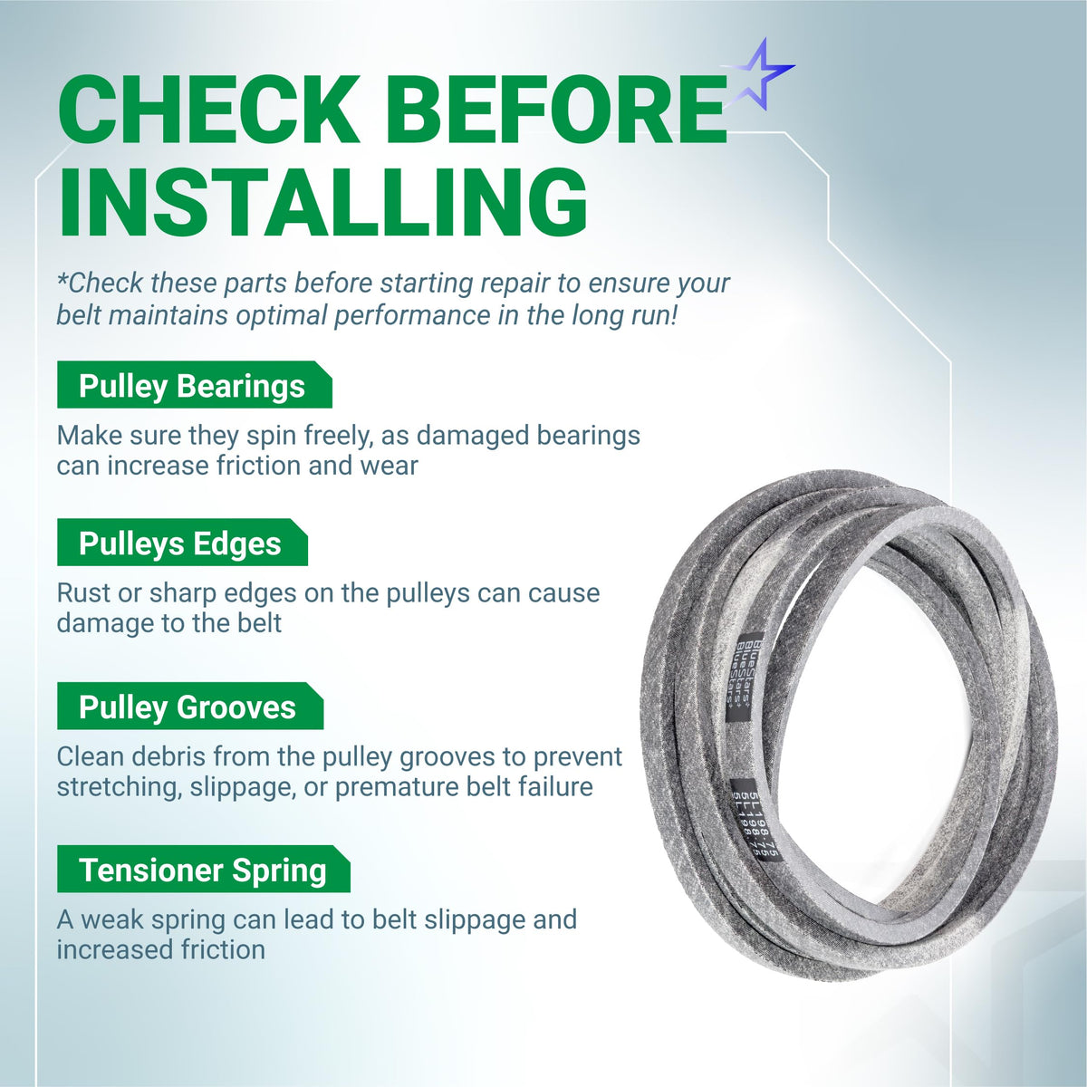 Infographic showing 109-8073 mower deck belt installation tips for Exmark Lazer Z zero turn mowers.
