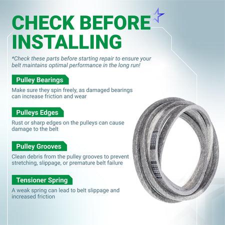 Infographic showing 109-8073 mower deck belt installation tips for Exmark Lazer Z zero turn mowers.