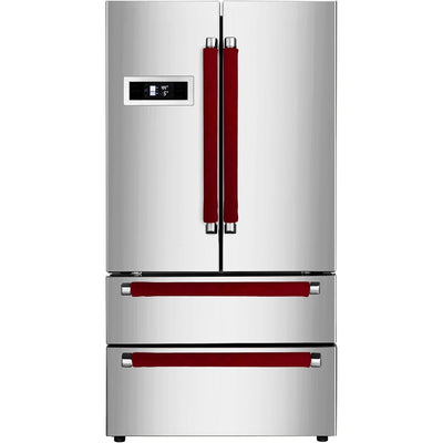 Four red refrigerator door handle covers installed on a stainless steel French door refrigerator.