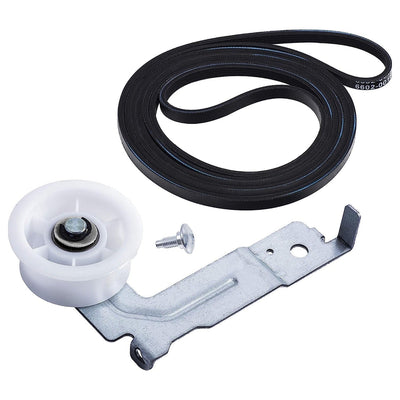 Replacement dryer drum belt and idler pulley assembly with mounting hardware for Samsung and Kenmore dryers.