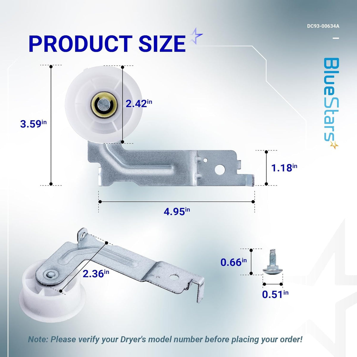 Dimensional diagram of DC93-00634A dryer idler pulley with measurements for Samsung and Kenmore dryer repair.