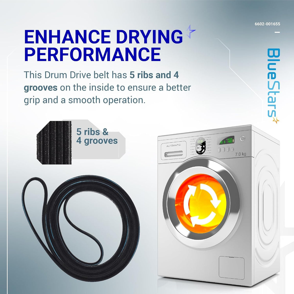6602-001655 dryer drum belt with 5 ribs and 4 grooves for improved grip and performance in compatible dryers.