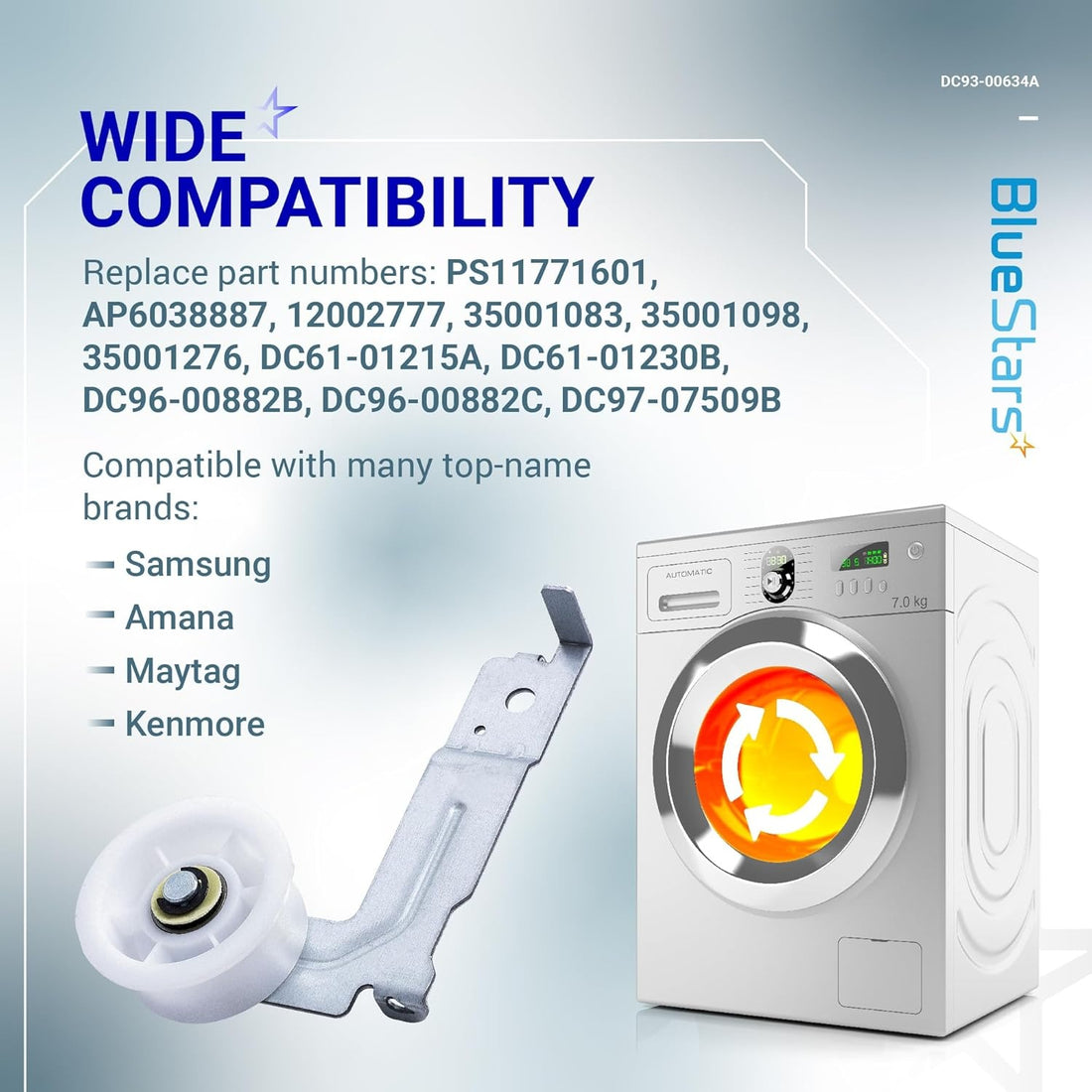 DC93-00634A dryer idler pulley with mounting bracket and compatibility information for Samsung and Kenmore dryers.