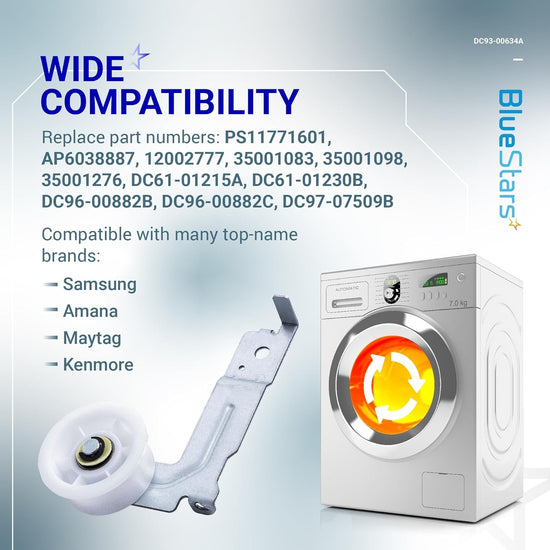 DC93-00634A dryer idler pulley with mounting bracket and compatibility information for Samsung and Kenmore dryers.