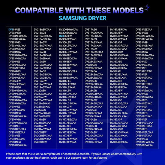 Compatibility chart listing Samsung dryer models for drum belt and idler pulley replacement parts.