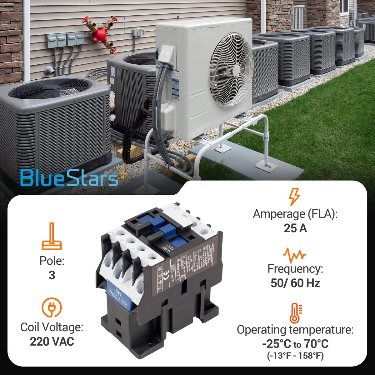 CJX2-1210 3-pole 25A 220VAC contactor for air conditioner and heat pump systems with technical specification overlay.