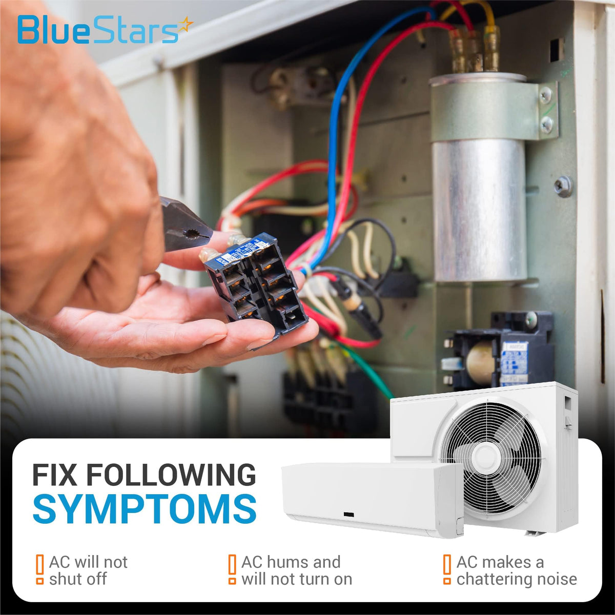 Technician installing a CJX2-1210 AC contactor to fix air conditioner performance issues.