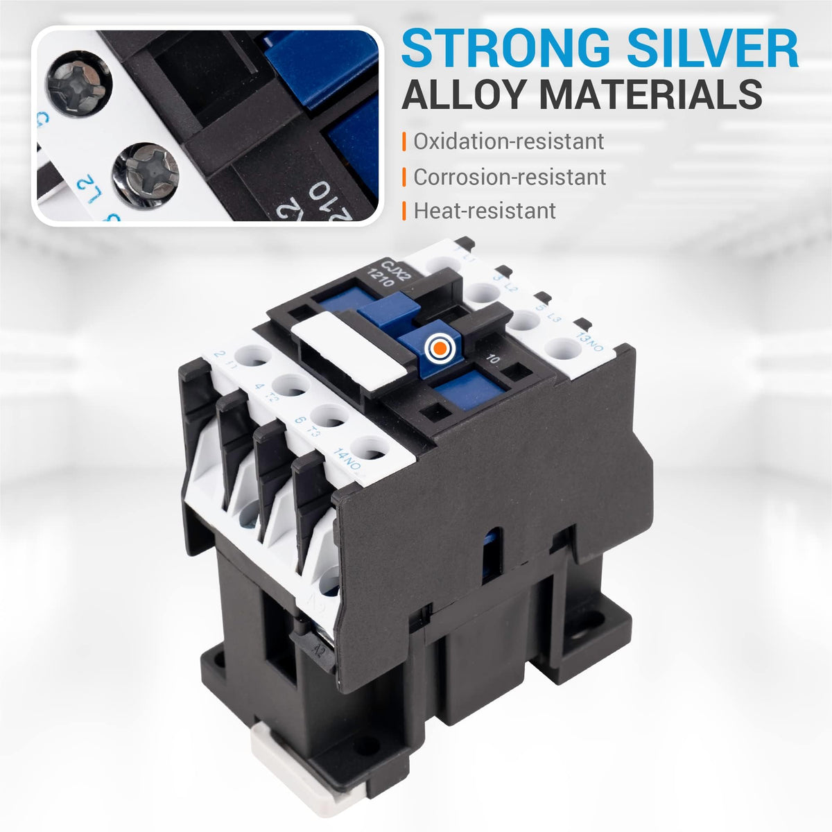 CJX2-1210 AC contactor showing silver alloy contact terminals and 3-pole design with close-up detail.