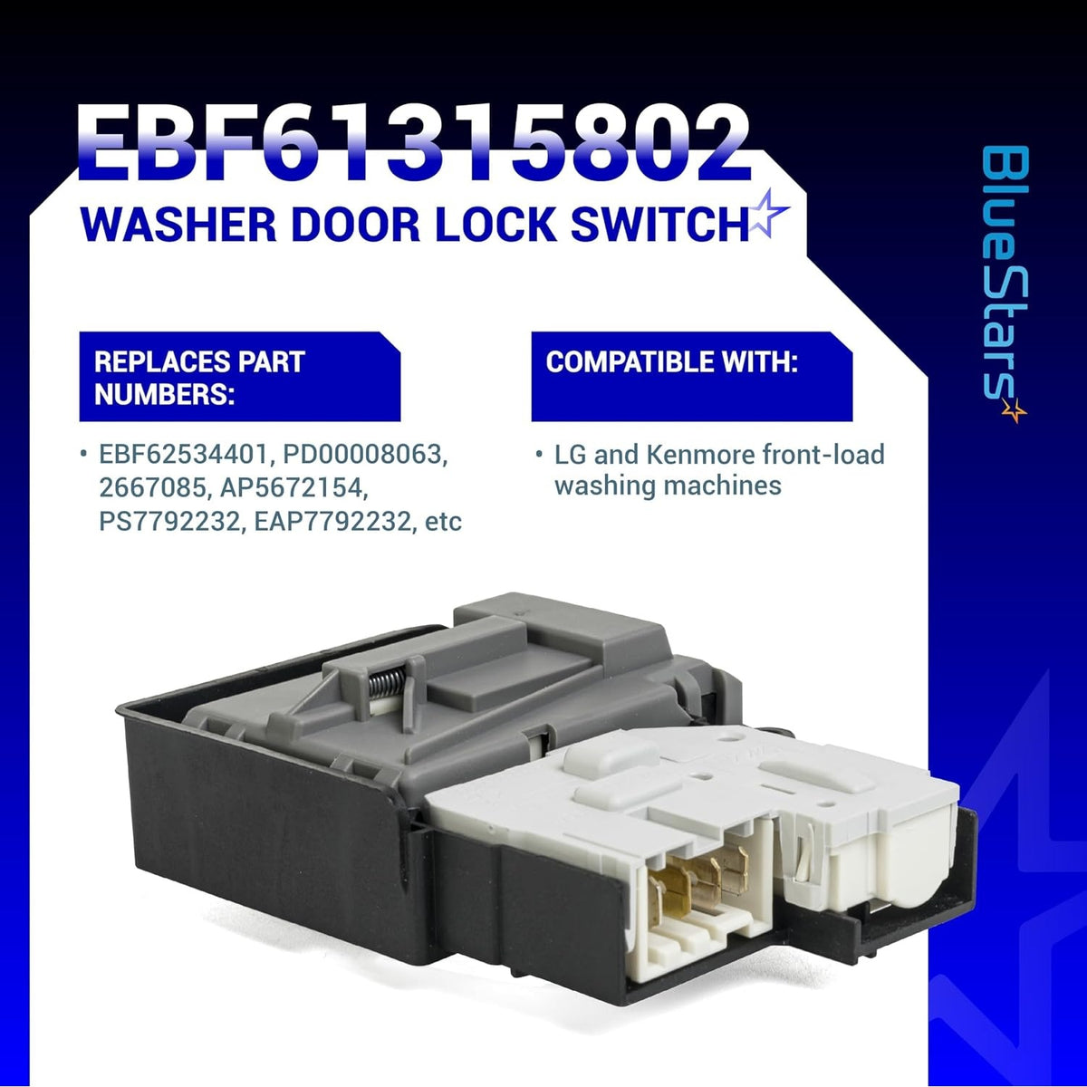 EBF61315802 washer door lock switch for LG and Kenmore front-load washing machines.