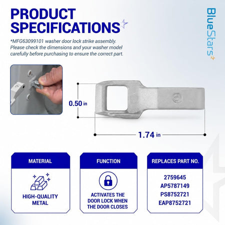 MFG63099101 washer door lock strike assembly with dimensions and installation reference image.