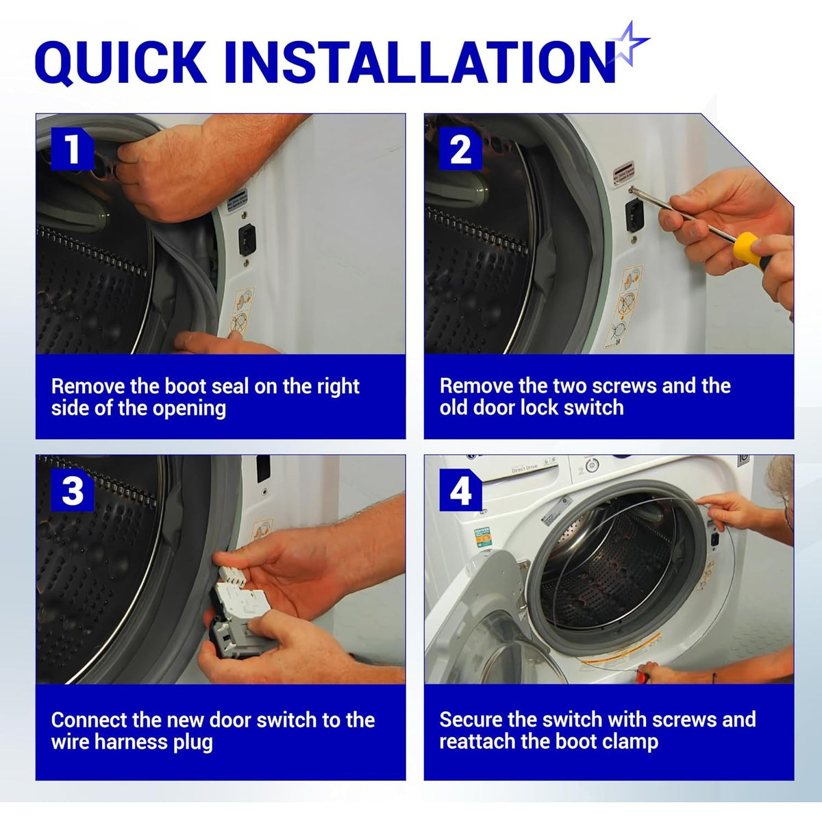 Four-step instructional guide showing how to replace a washing machine door lock switch and boot seal.
