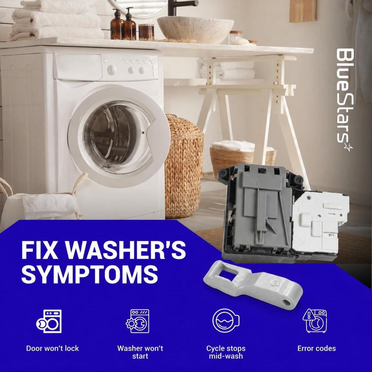 Washing machine door lock assembly and latch replacement part for fixing common washer error codes and locking issues.