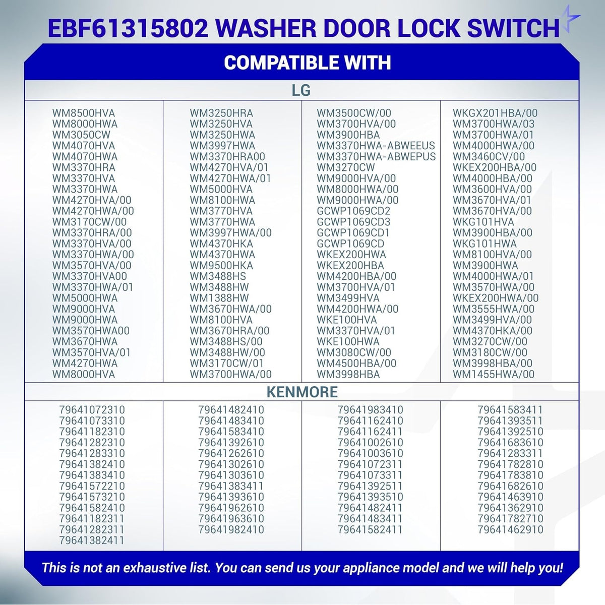 Compatibility chart for EBF61315802 washer door lock switch listing compatible LG and Kenmore appliance models.