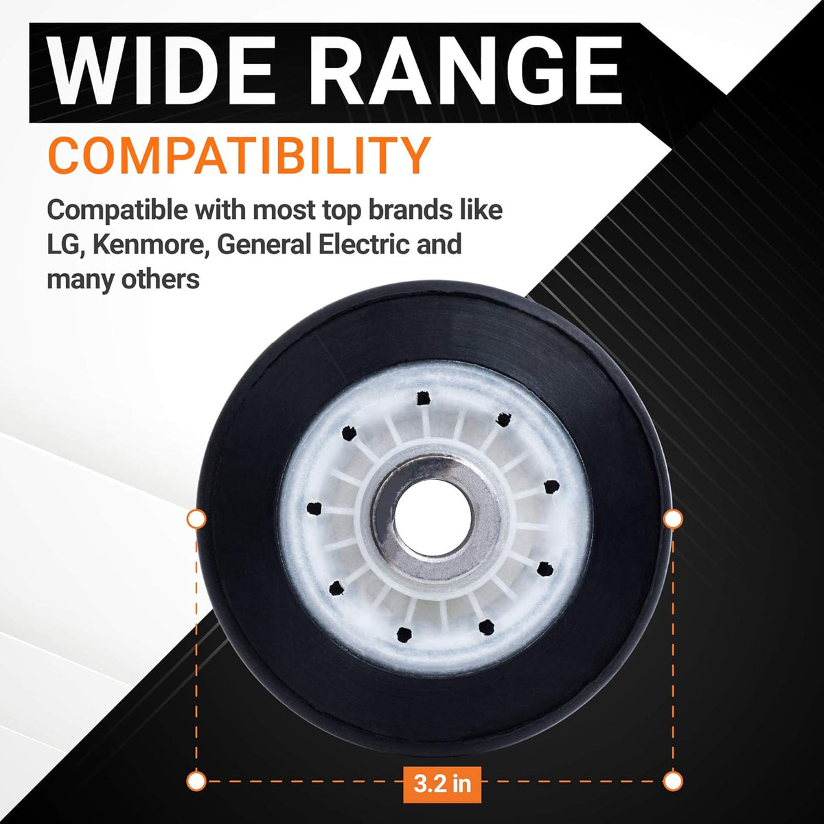 Close-up of 4581EL3001E dryer drum roller showing 3.2-inch diameter compatibility for LG and Kenmore dryers.
