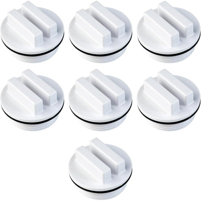 Pack of seven 1.5-inch white threaded pool winterizing drain plugs with O-rings.