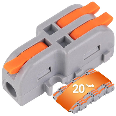 Close-up of a 250V 32A compact splicing lever wire connector with a 20-piece pack label.