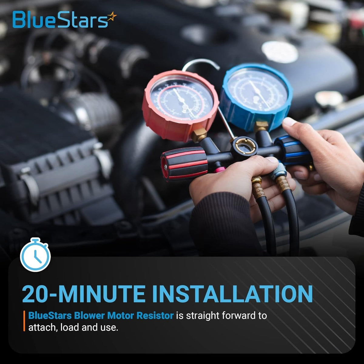 Hands holding HVAC manifold gauges for 973-013 blower motor resistor installation.