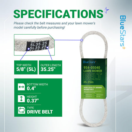 Specification chart for 954-05040 lawn mower drive belt showing dimensions and product details.