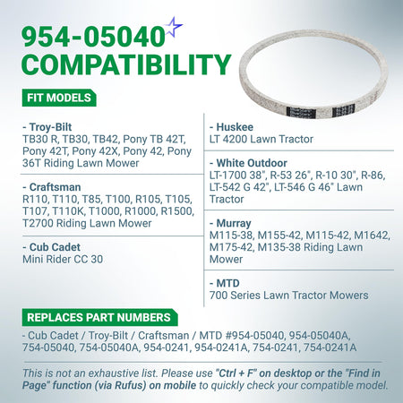 Compatibility chart for 954-05040 upper drive belt showing compatible MTD, Troy-Bilt, Craftsman, and Cub Cadet models.