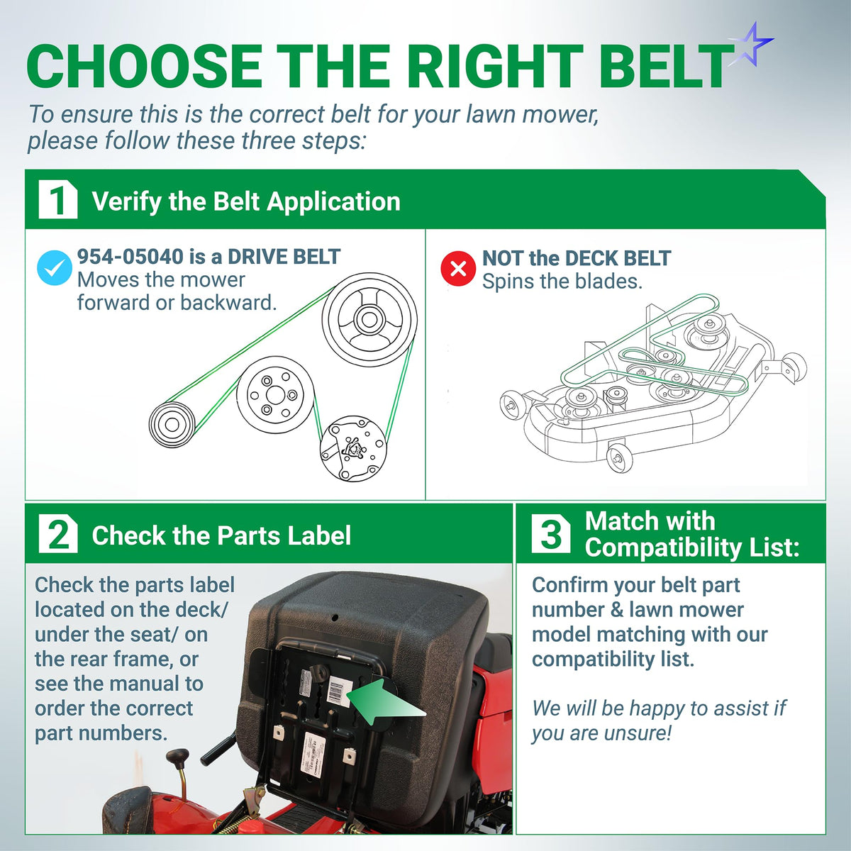 Infographic guide for choosing the correct 954-05040 lawn mower drive belt, showing application and part label location.
