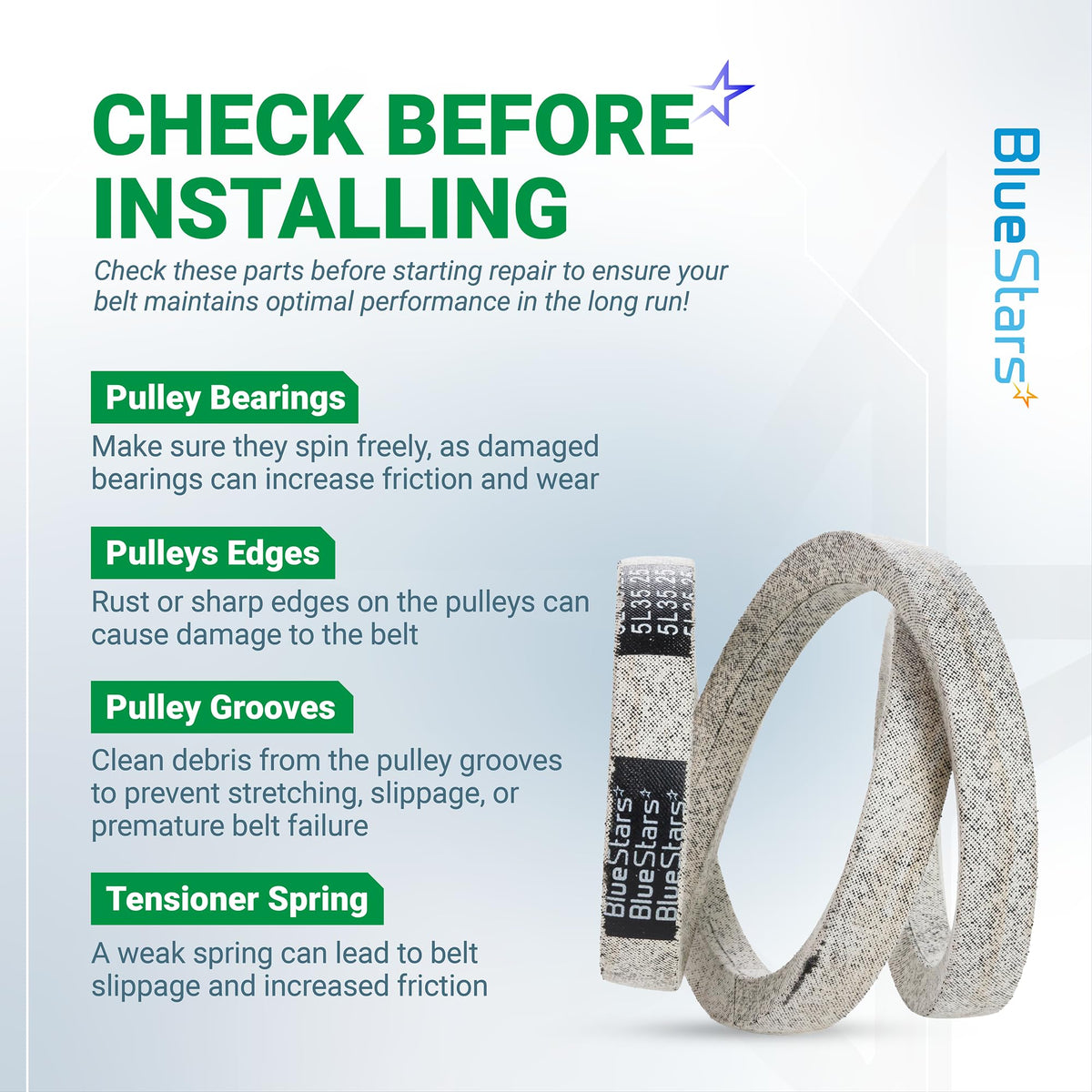 BlueStars 954-05040 lawn mower drive belt installation guide and maintenance checklist.