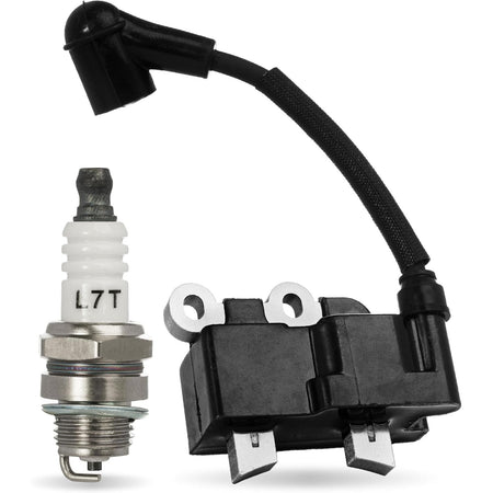 291337001 ignition coil and L7T spark plug replacement for Ryobi 2-cycle 25cc trimmers and power heads.