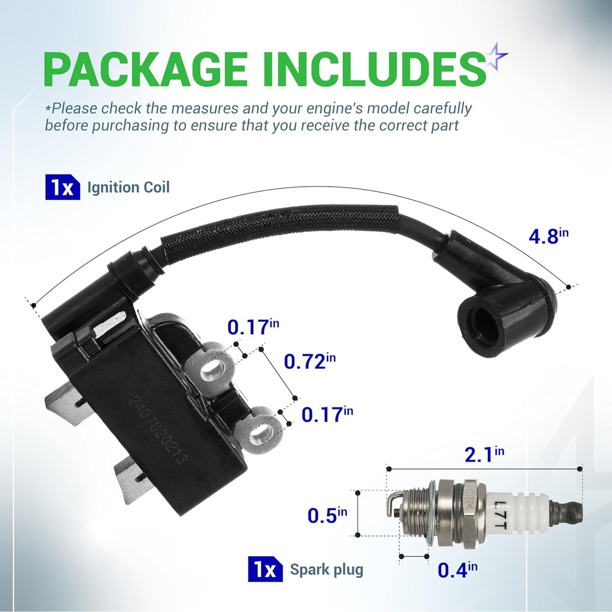 291337001 ignition coil and spark plug kit with dimensional measurements for Ryobi 25cc 2-cycle engines.